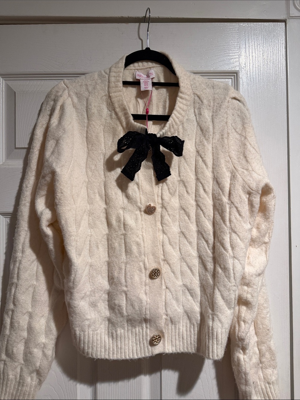 Paris Hilton Cream Cable Knit Cardigan with Black Bow